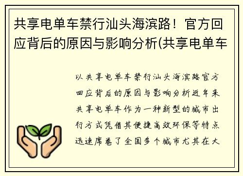 共享电单车禁行汕头海滨路！官方回应背后的原因与影响分析(共享电单车运营方案)