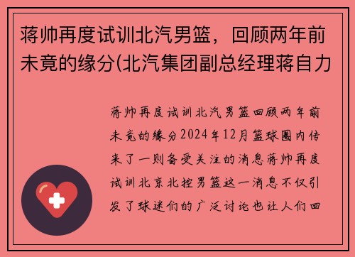 蒋帅再度试训北汽男篮，回顾两年前未竟的缘分(北汽集团副总经理蒋自力)