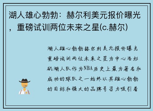 湖人雄心勃勃：赫尔利美元报价曝光，重磅试训两位未来之星(c.赫尔)