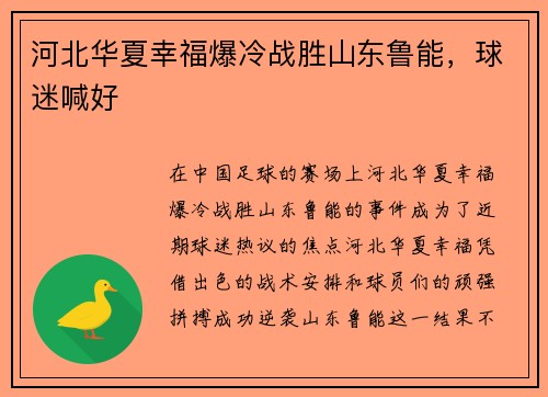 河北华夏幸福爆冷战胜山东鲁能，球迷喊好